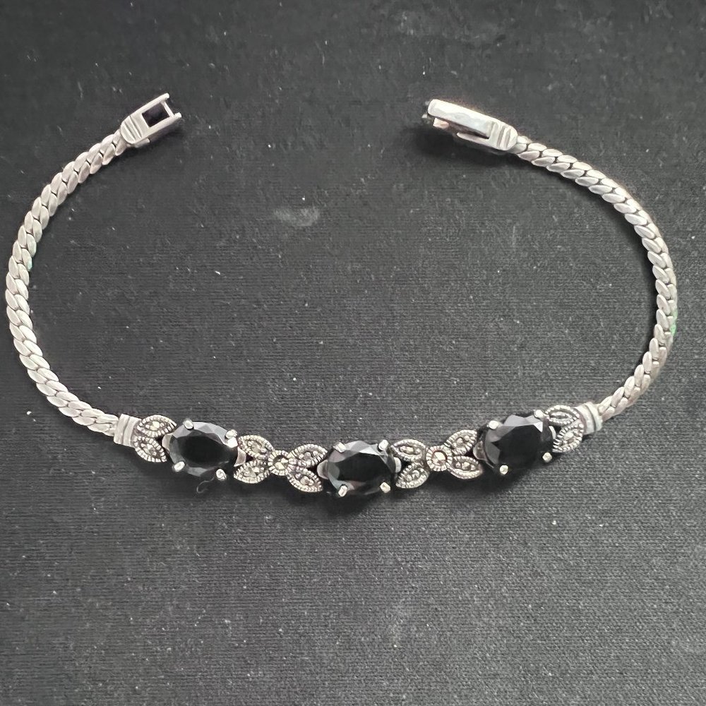 JC 925 Sterling Silver Black Faceted Glass Marcasite Bracelet